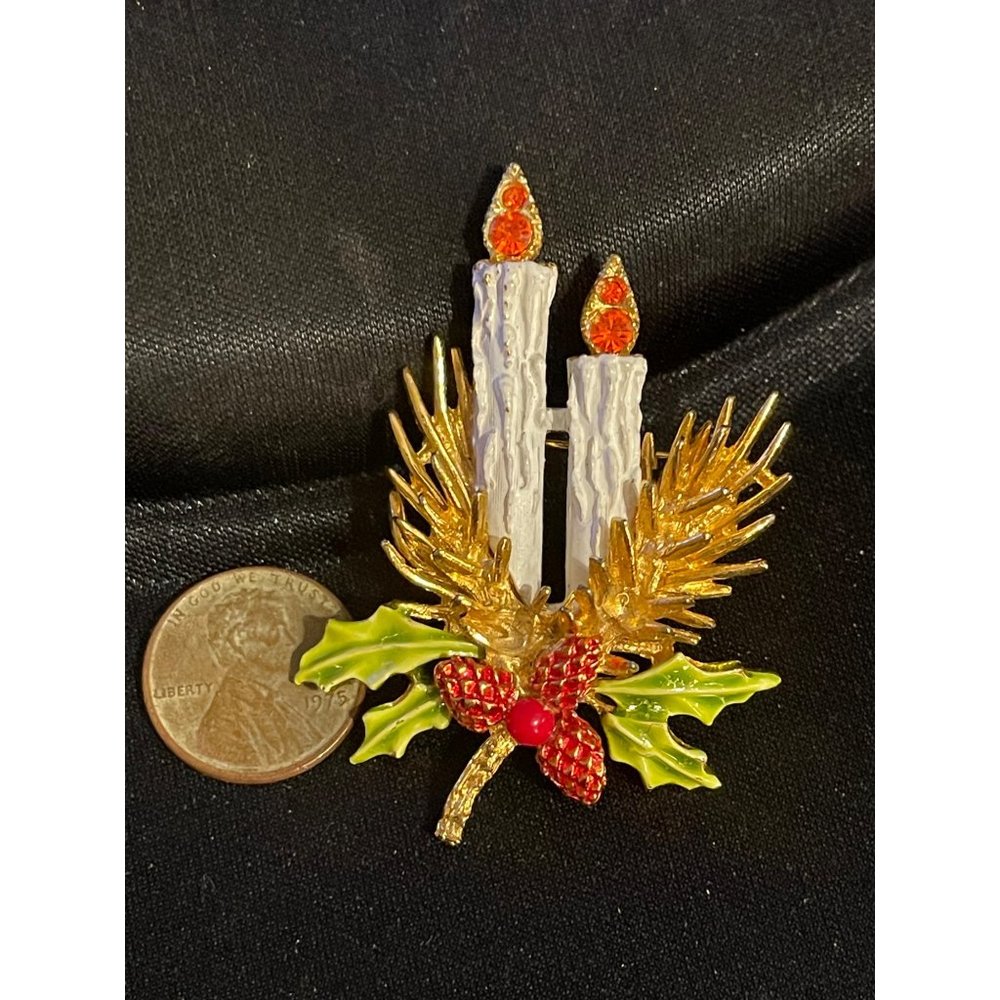 Vintage ART Candlestick and Holly Christmas Brooch